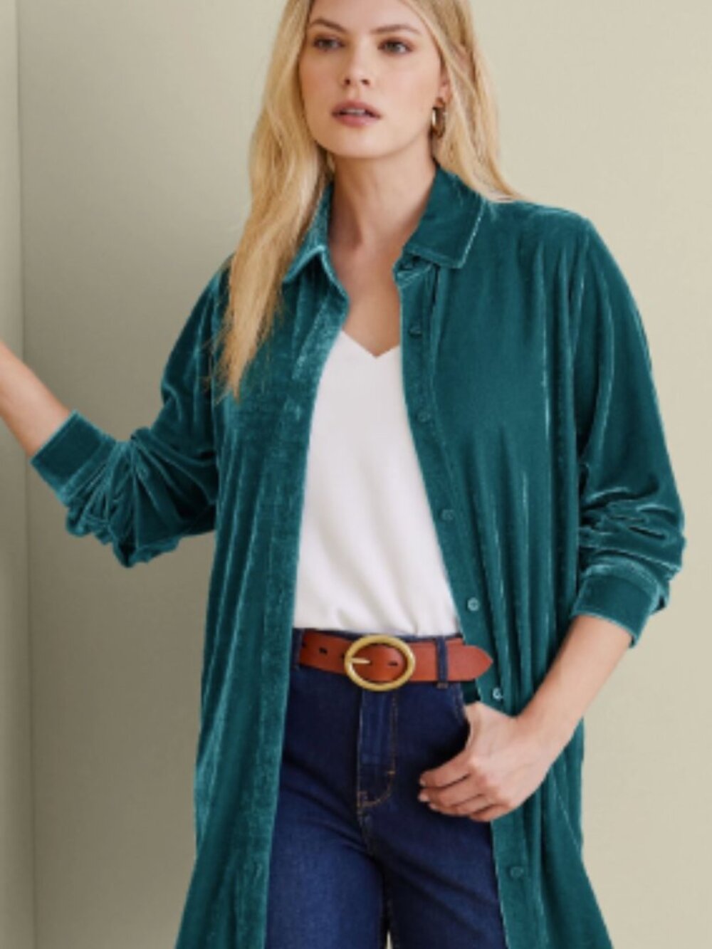 Soft Surroundings teal button front velvet boyfriend tunic blouse size large